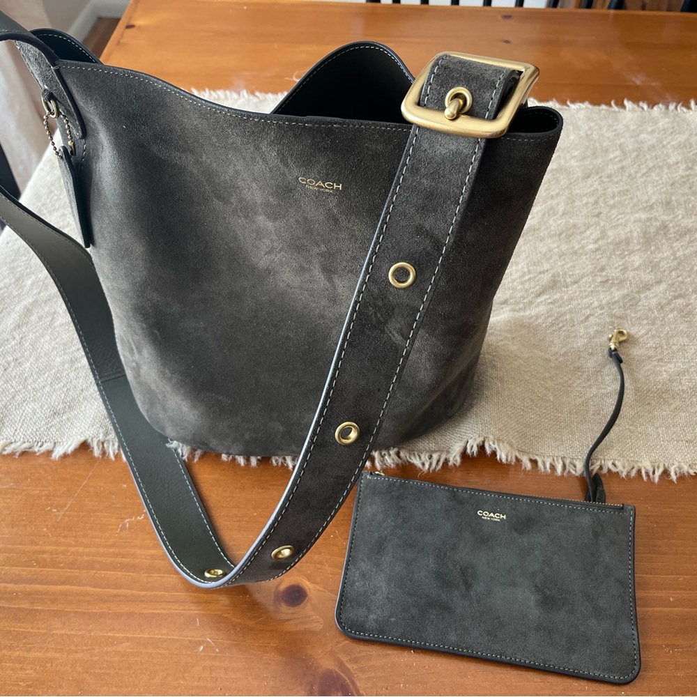 Coach Dark Olive Suede Shoulder Bag with Pouch